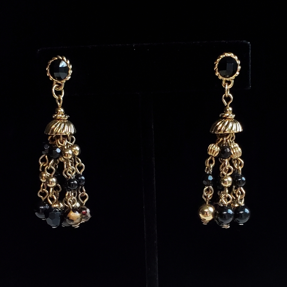 Unsigned Yellow Gold Tone & Black Beaded Chandelier Cha-Cha Post Back Earrings